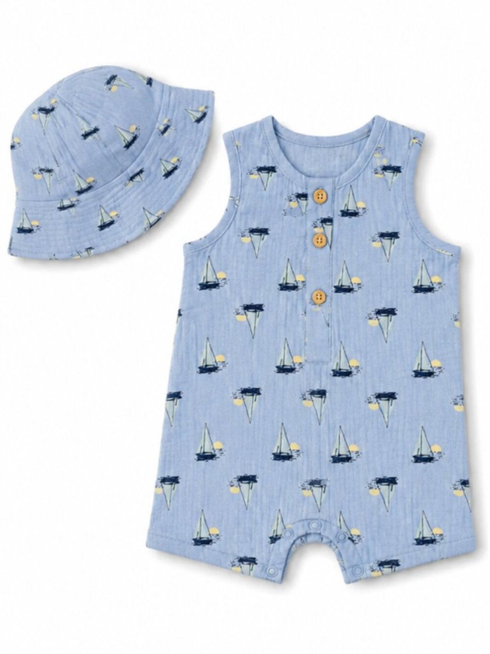 NWT Baby Essentials 2-Piece Romper & Sun Hat Set 18M Toddler Boy Sailboat Summer